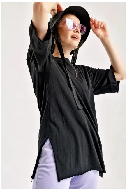 Kol Katlı Yırtmaçlı Salaş T-Shirt-4123BGD19-syh
