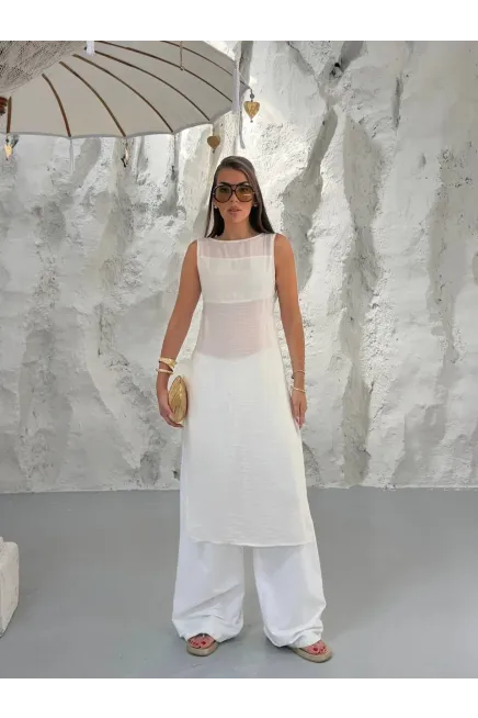 Kolsuz Bisiklet Yaka Yarı Transparan Uzun Modal Tül Tunik Beyaz