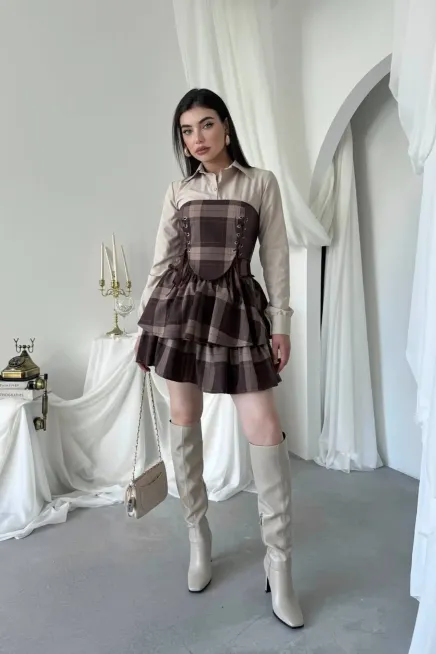 Korse Detaylı Ekose Mini Elbise