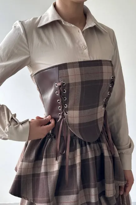Korse Detaylı Ekose Mini Elbise