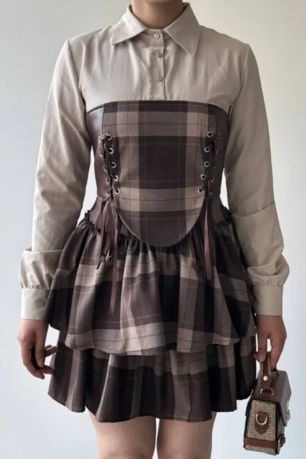 Korse Detaylı Ekose Mini Elbise