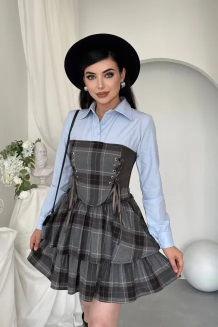 Korse Detaylı Ekose Mini Elbise Mavi