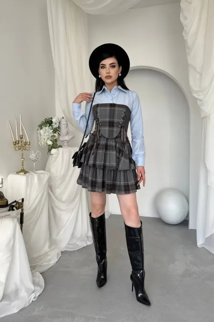 Korse Detaylı Ekose Mini Elbise Mavi