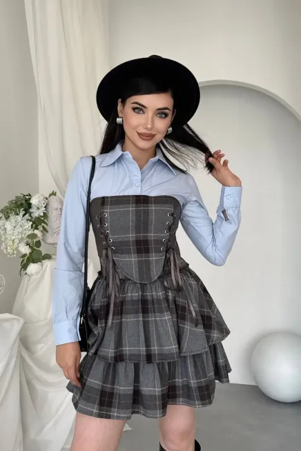 Korse Detaylı Ekose Mini Elbise Mavi