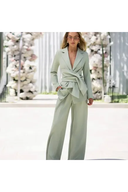 Kruvaze Yaka Taş Detaylı Ceket Pantalon Premium Takım Yeşil