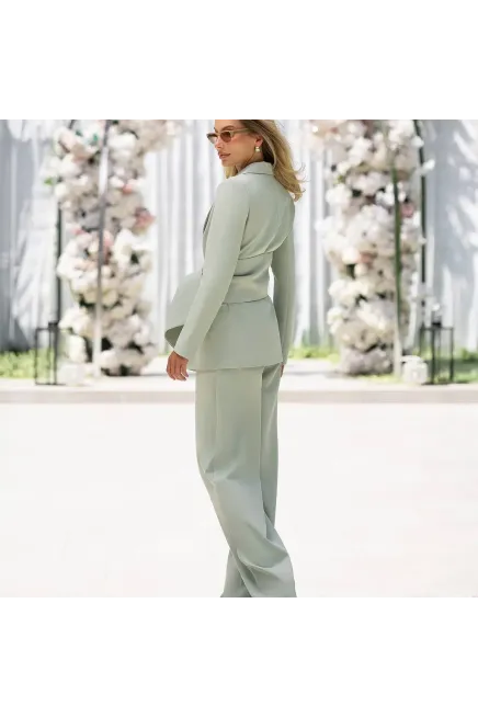 Kruvaze Yaka Taş Detaylı Ceket Pantalon Premium Takım Yeşil