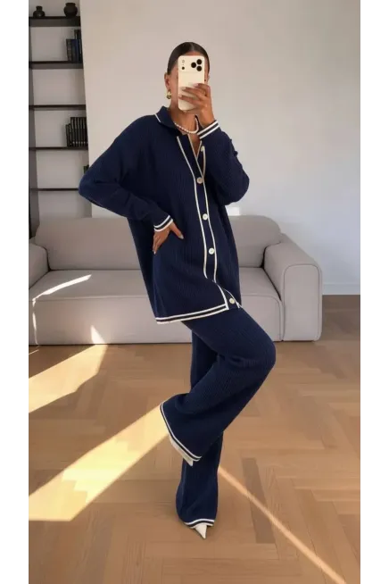 Küçük Saç Örgü Polo Yaka Takım Lacivert