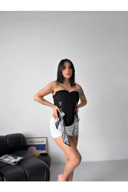 Kurdele Detay Korse Bluz Siyah