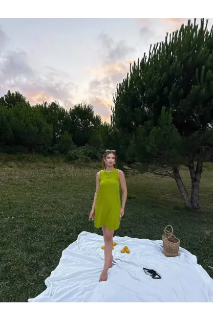 Lazer Kesim Keten Kumaş Tunik Elbise