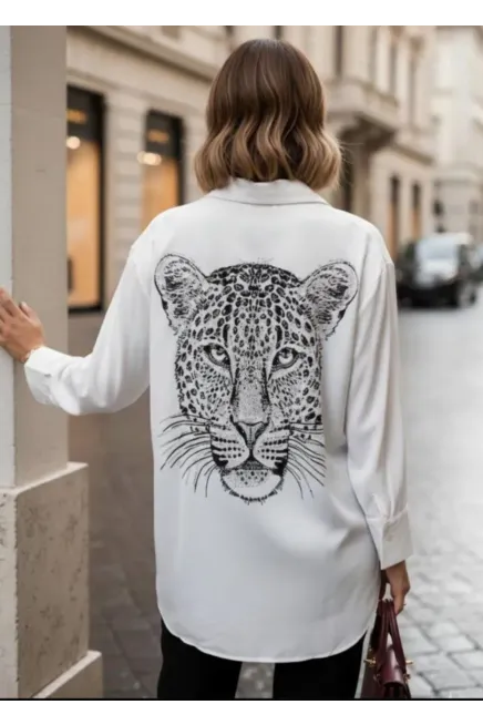 Leopar Desen Baskılı Taşlı Gömlek