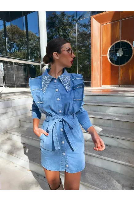 Likralı Denim Taş Detay Elbise