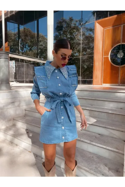 Likralı Denim Taş Detay Elbise