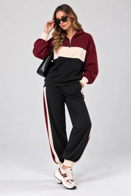 Modal Kumaş Bordo Bloklu Eşofman Takım - 2