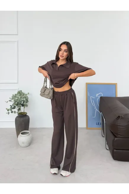 Modal Kumaş Gömlek Yaka Alt Üst Takım Kahve - 3