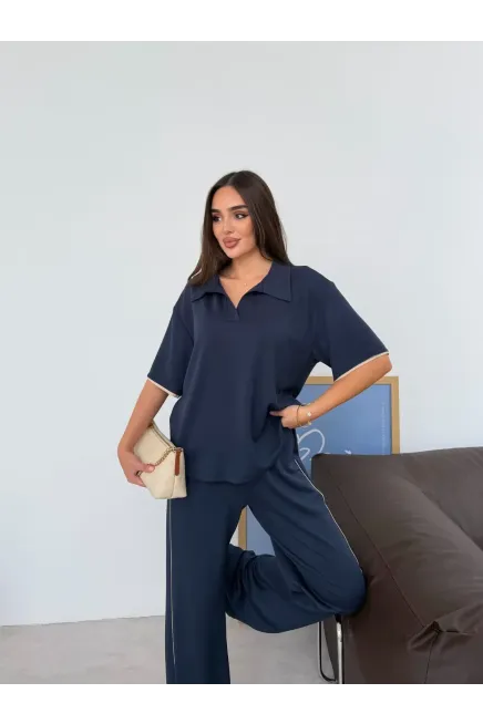 Modal Kumaş Gömlek Yaka Alt Üst Takım Lacivert - 3