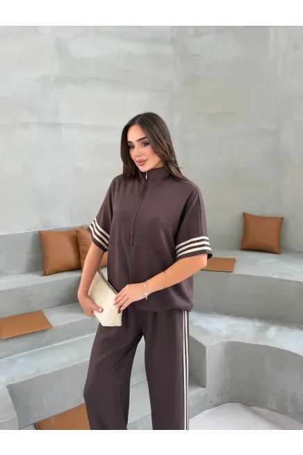 Modal Kumaş Şerit Detaylı İkili Eşofman Takımı Kahve