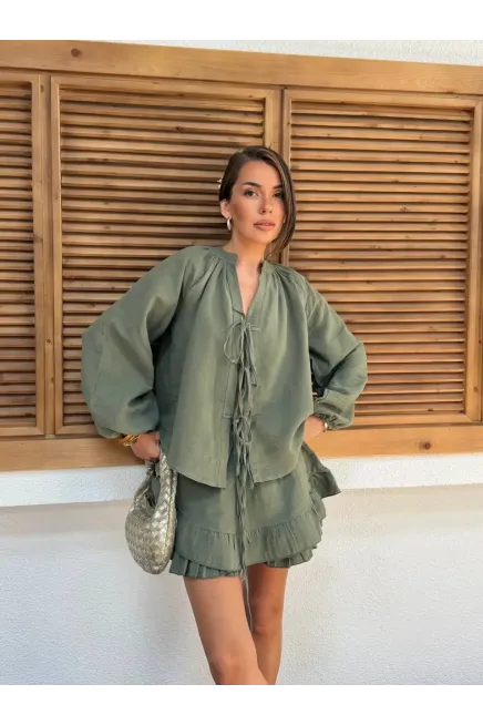 Müslin Kumaş Şort Etek ve Üst Tasarım Takım Haki