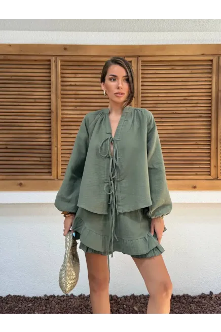 Müslin Kumaş Şort Etek ve Üst Tasarım Takım Haki