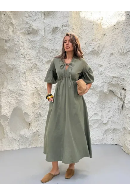 Müslin Kumaş Yaka Detay Elbise Haki