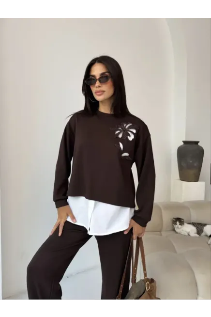 Nakışlı Gömlek Detay Alt Üst Modal Takım Kahve