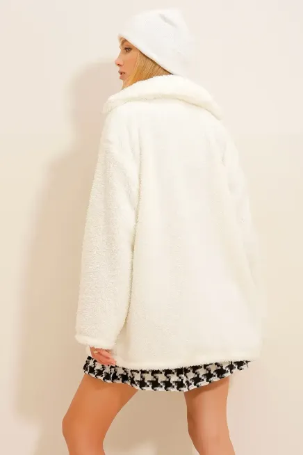 Önü Düğmeli Oversize Peluş Ceket-rq88-byz - 4
