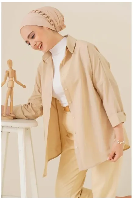Oversize Basic Tesettür Gömlek Krem-103901-krm - 2