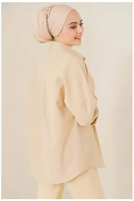 Oversize Basic Tesettür Gömlek Krem-103901-krm - 3