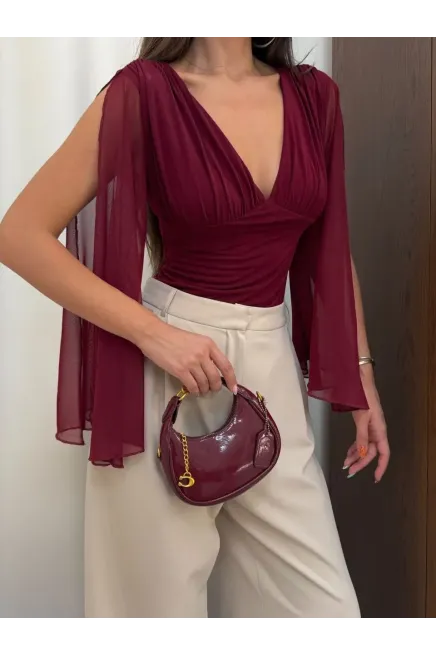 Pelerin Kol Detay Sandy Kumaş Bluz Bordo - 3