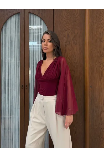 Pelerin Kol Detay Sandy Kumaş Bluz Bordo - 2