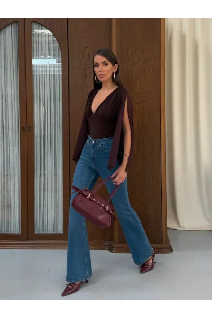 Pelerin Kol Detay Sandy Kumaş Bluz Kahve - 2