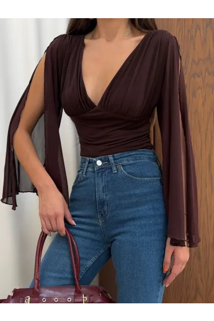 Pelerin Kol Detay Sandy Kumaş Bluz Kahve - 4