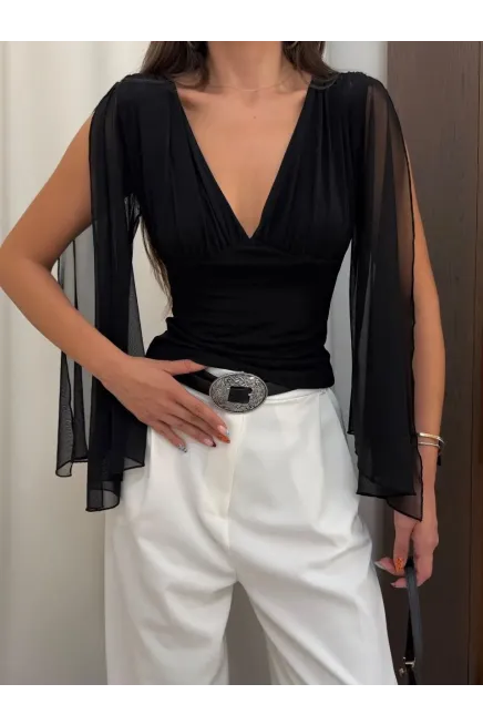 Pelerin Kol Detay Sandy Kumaş Bluz Siyah - 3