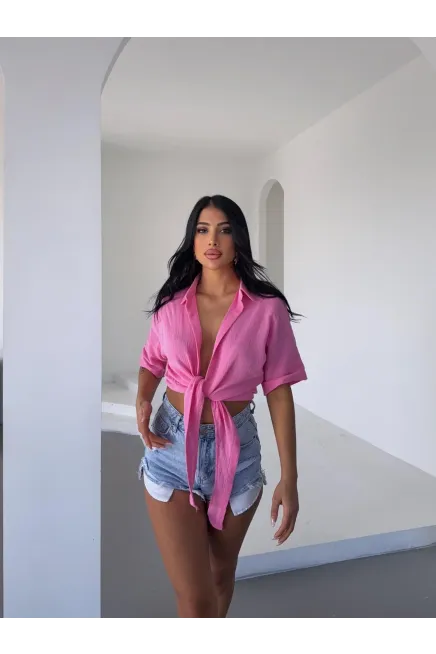 Pembe Bağlama Detaylı Müslin Keten Bluz-dsb2025k-pmb