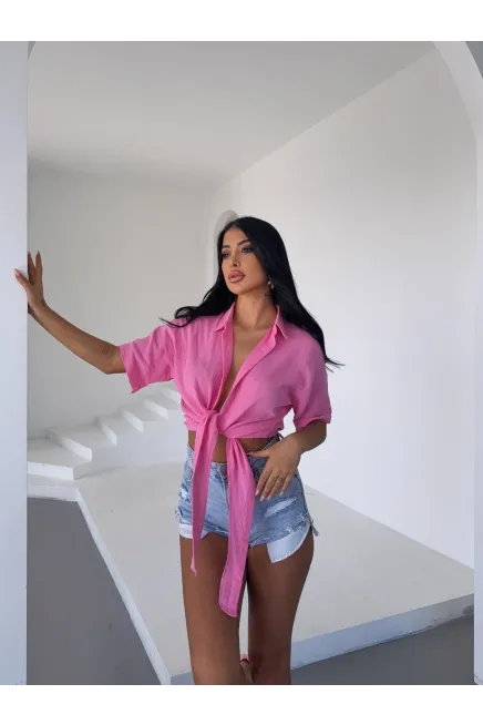 Pembe Bağlama Detaylı Müslin Keten Bluz-dsb2025k-pmb
