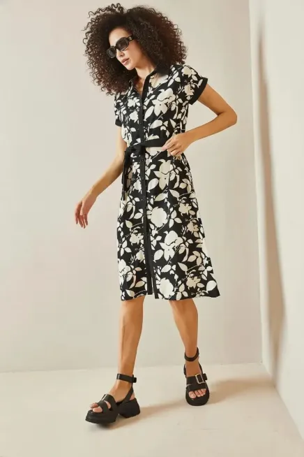 Polo Yaka Desenli Midi Elbise-P00013256-syh - 2