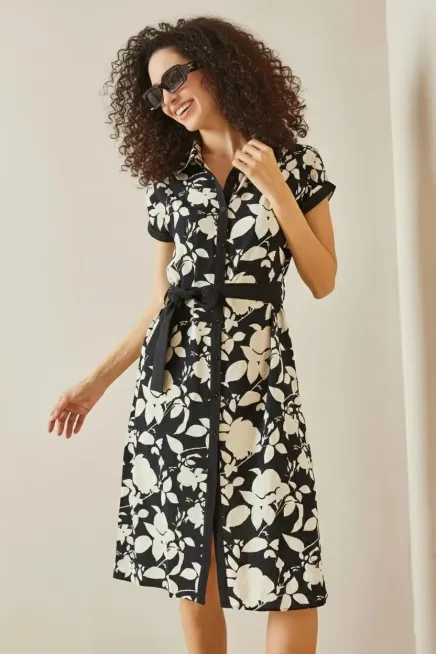 Polo Yaka Desenli Midi Elbise-P00013256-syh - 3