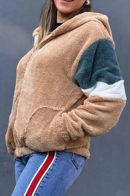 Renk Bloklu Bomber Polar Peluş Sweatshirt-P00012802-sr