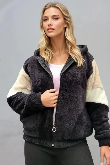 Renk Bloklu Bomber Polar Peluş Sweatshirt-P00012815