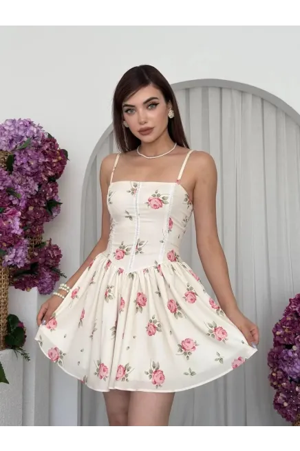 Renkli Çiçek Desenli Kısa Mini Dokuma Elbise