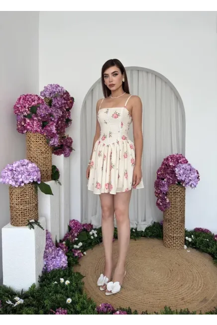 Renkli Çiçek Desenli Kısa Mini Dokuma Elbise