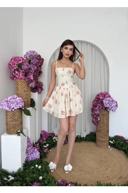 Renkli Çiçek Desenli Kısa Mini Dokuma Elbise