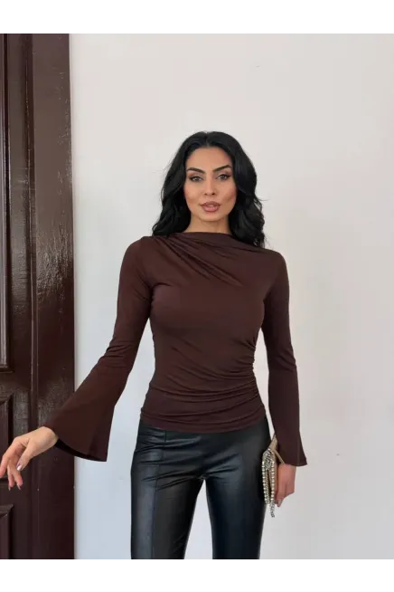 Sandy Kumaş Kol Detay Bluz Kahve - 2