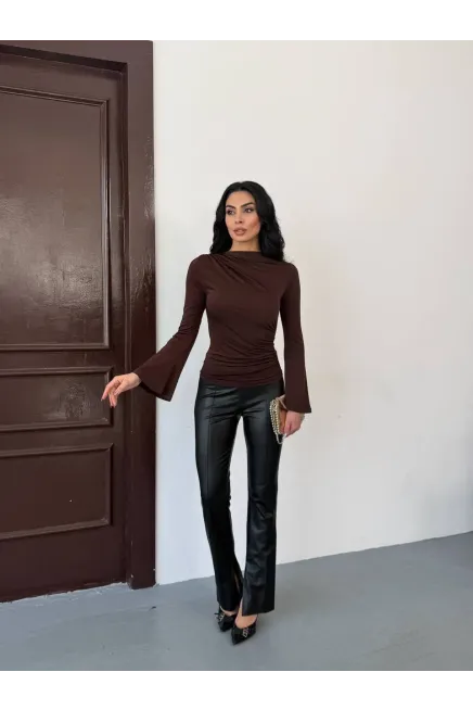 Sandy Kumaş Kol Detay Bluz Kahve - 4