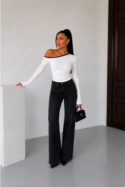 Sandy Kumaş Tek Omuz Detay Bluz Beyaz - 2