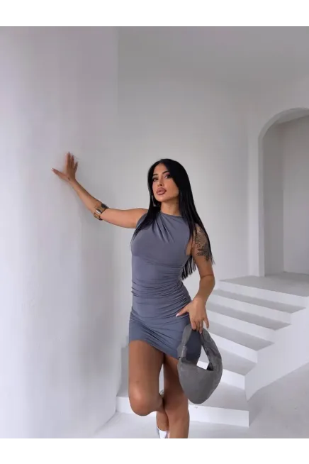 Sandy Kumaş Yaka Detay Elbise Gri-2298fr-gr