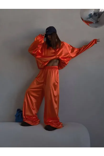Saten Kumaş Oversize Alt Üst Takım Turuncu