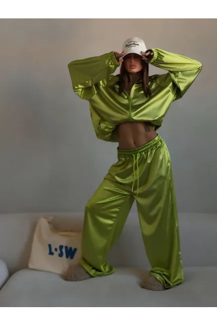 Saten Kumaş Oversize Alt Üst Takım Yeşil