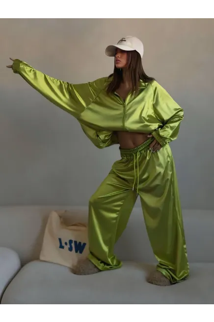 Saten Kumaş Oversize Alt Üst Takım Yeşil
