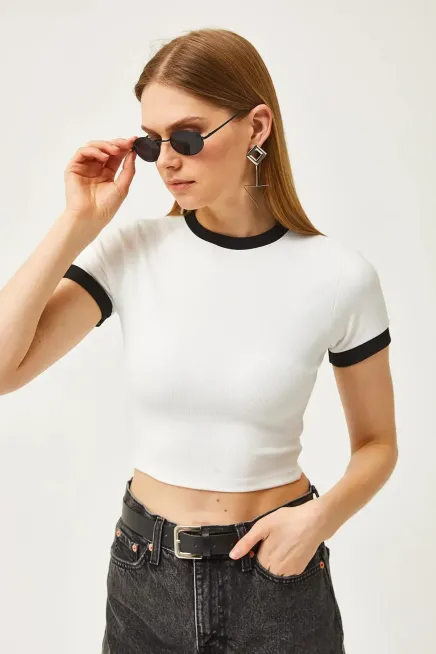 Şerit Detay Likralı Crop Bluz-cln1035-byz