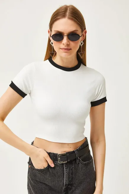 Şerit Detay Likralı Crop Bluz-cln1035-byz